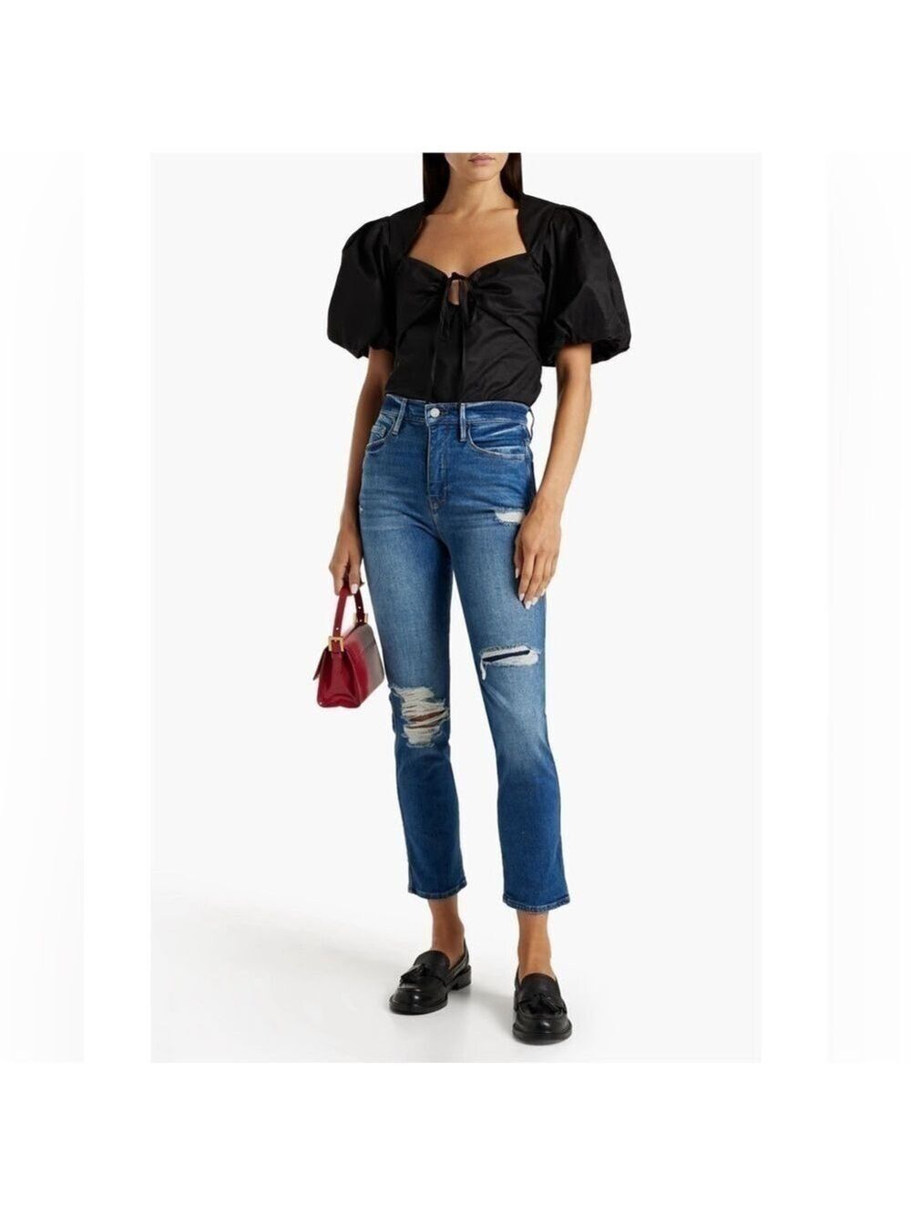 Frame Gathered Cotton Blend Sateen Black Blouse Top Size Small